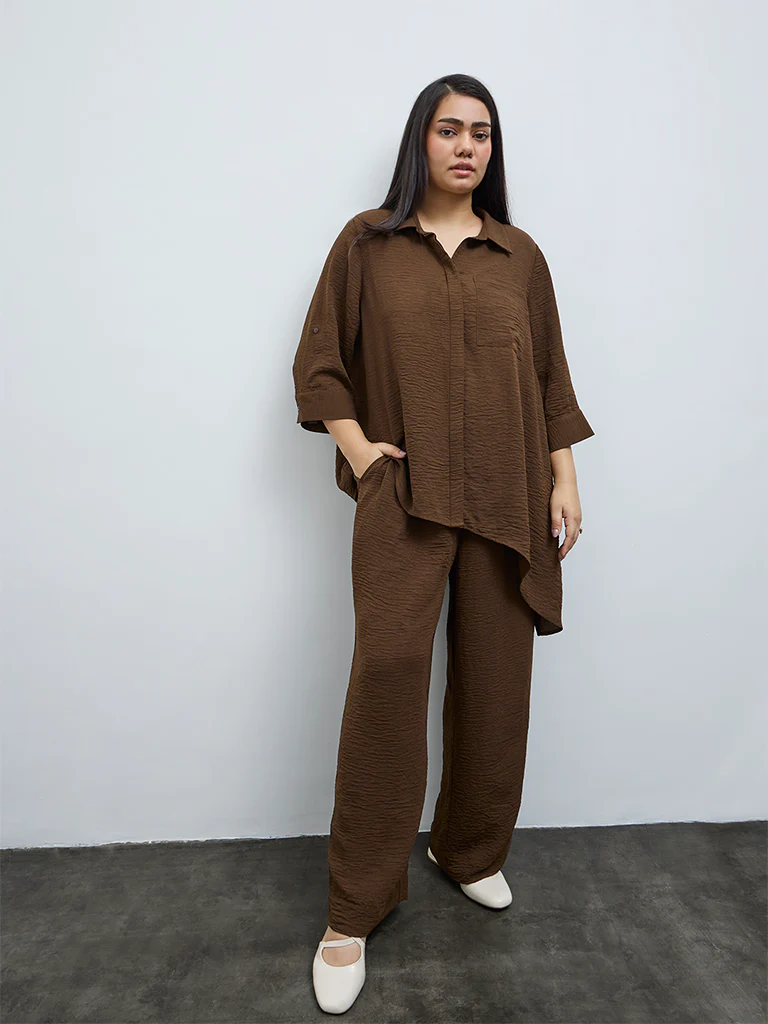 Gia Dark Brown Asymmetrical Cotton Blouse - Image 2