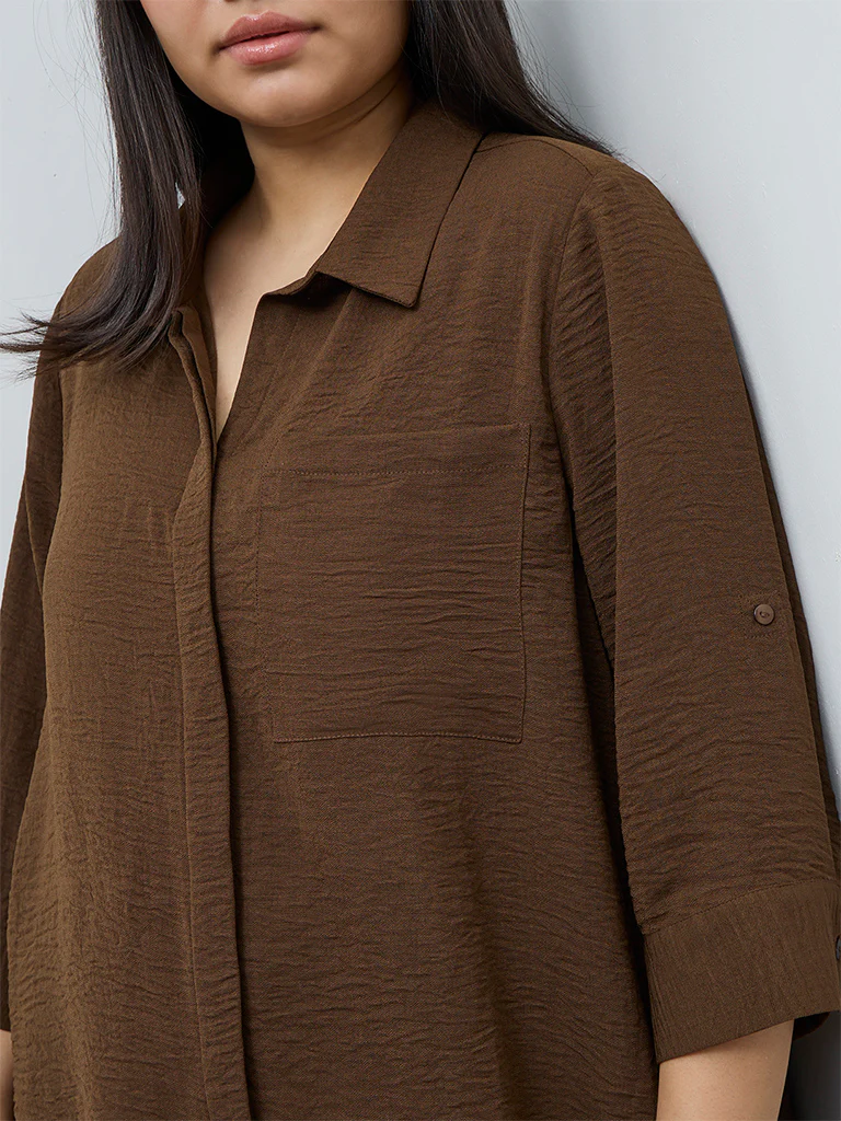 Gia Dark Brown Asymmetrical Cotton Blouse - Image 3