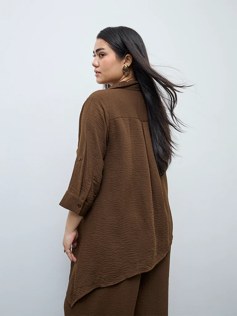 Gia Dark Brown Asymmetrical Cotton Blouse - Image 4