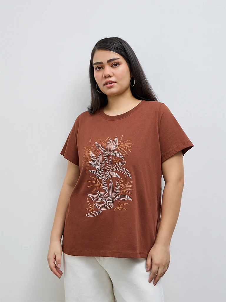 Gia Dark Brown Embroidered Cotton T-Shirt