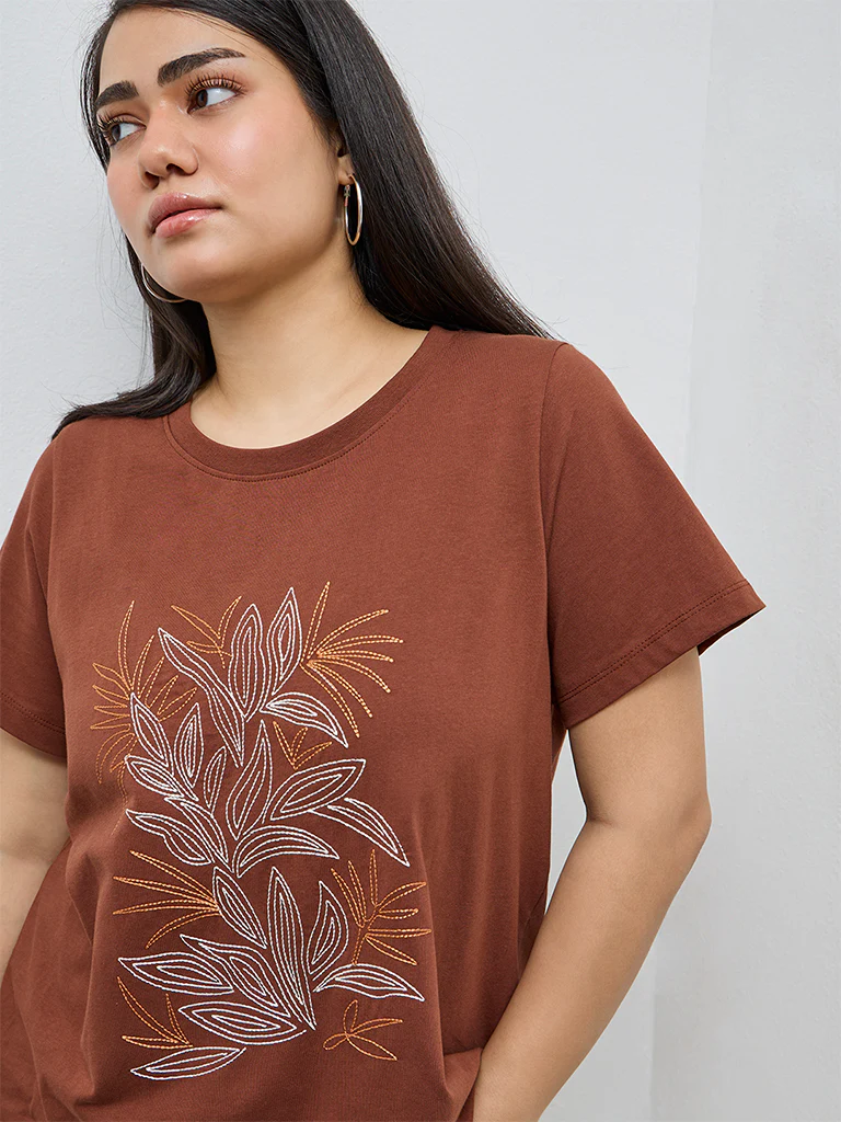 Gia Dark Brown Embroidered Cotton T-Shirt - Image 3