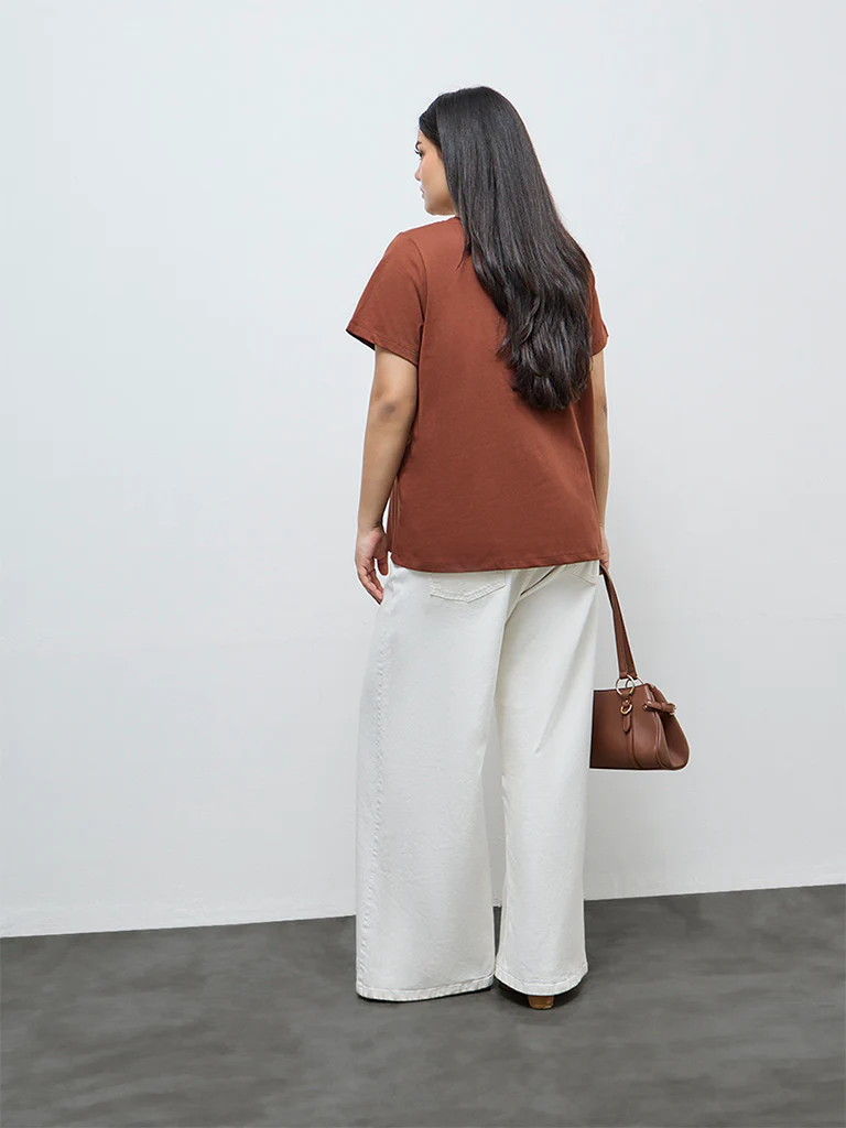 Gia Dark Brown Embroidered Cotton T-Shirt - Image 4