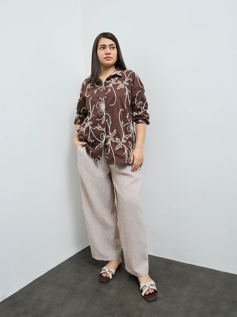 Gia Dark Brown Floral Embroidered Cotton Shirt - Image 2