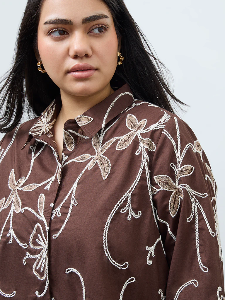 Gia Dark Brown Floral Embroidered Cotton Shirt - Image 3