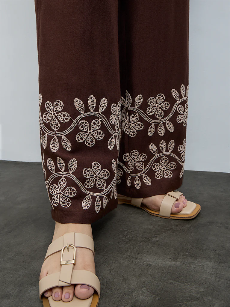 Gia Dark Brown Floral Embroidered High-Rise Pants - Image 3