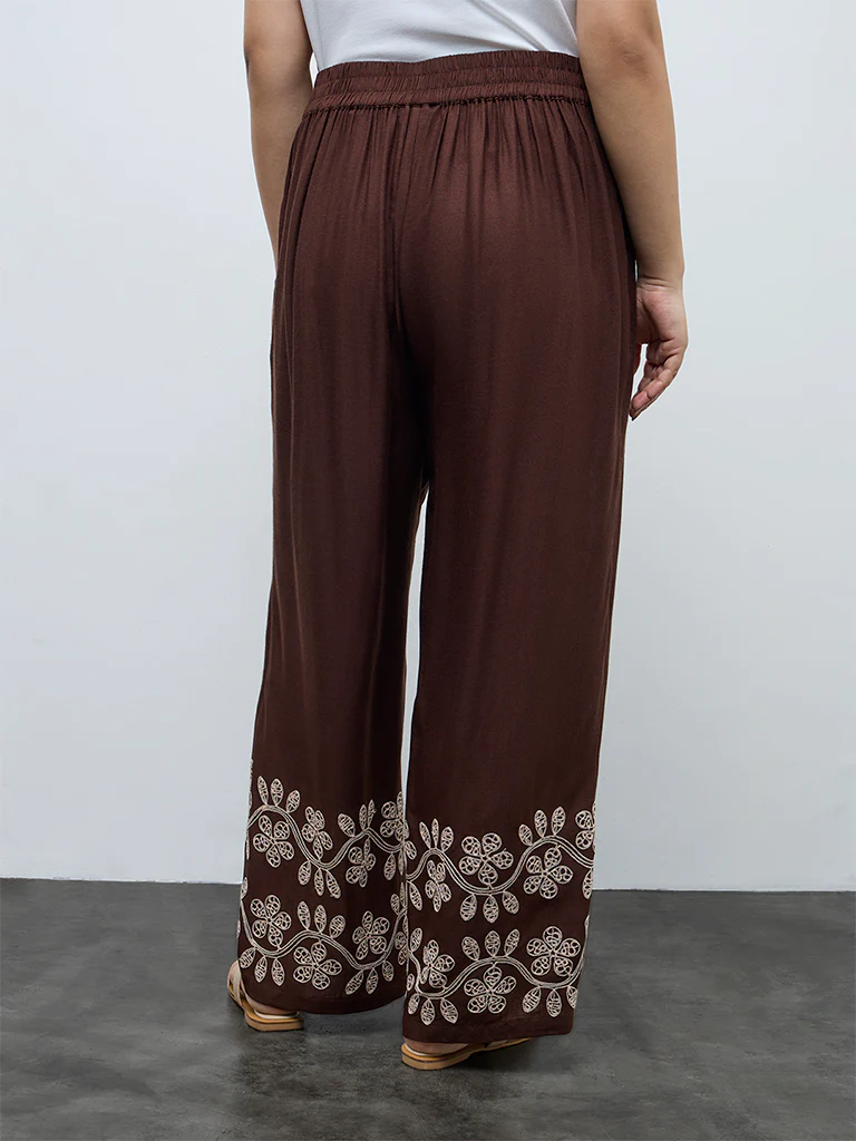 Gia Dark Brown Floral Embroidered High-Rise Pants - Image 4