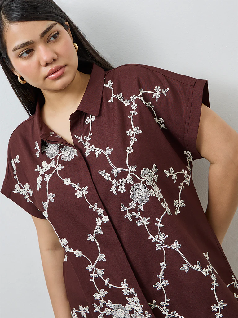 Gia Dark Brown Floral Embroidered Shirt - Image 3
