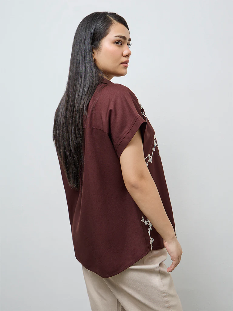 Gia Dark Brown Floral Embroidered Shirt - Image 4