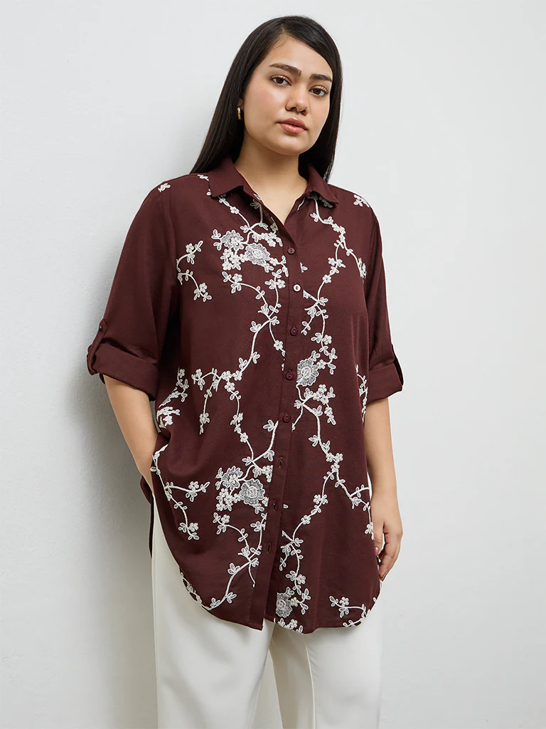 Gia Dark Brown Floral Embroidered Shirt - Image 2