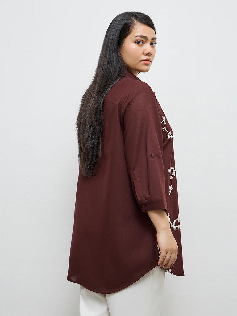 Gia Dark Brown Floral Embroidered Shirt - Image 4