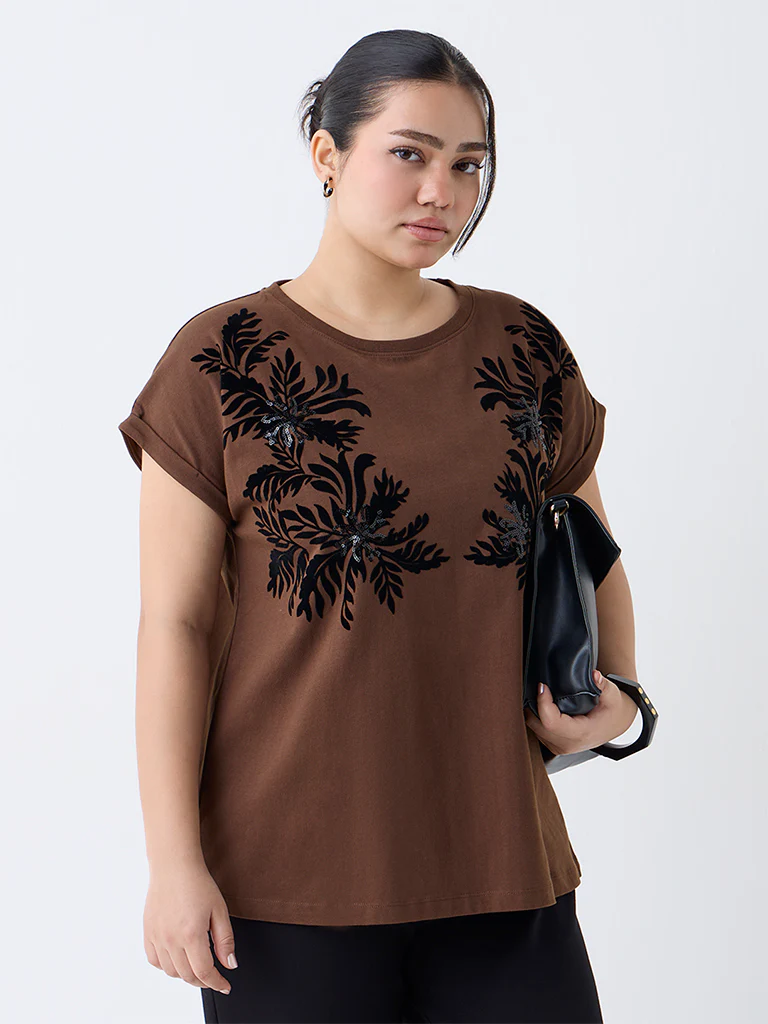 Gia Dark Brown Floral Pattern Cotton T-Shirt - Image 2