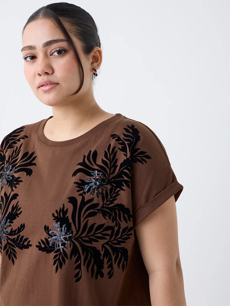 Gia Dark Brown Floral Pattern Cotton T-Shirt - Image 3