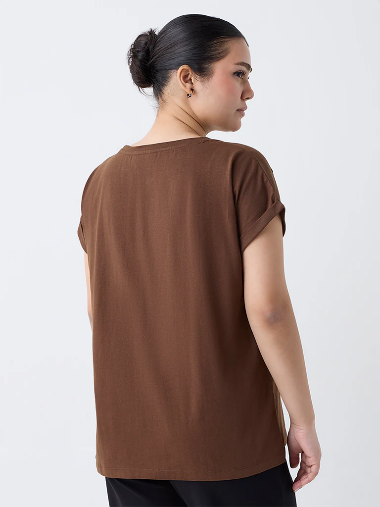 Gia Dark Brown Floral Pattern Cotton T-Shirt - Image 4