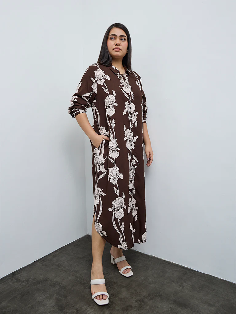 Gia Dark Brown Floral Shirt Dress - Image 2