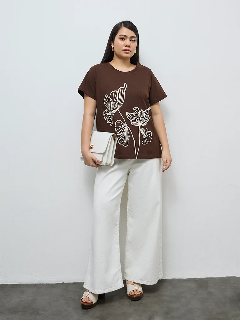 Gia Dark Brown Foliage Printed Cotton T-Shirt - Image 2