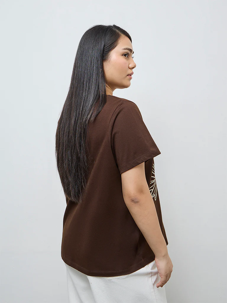 Gia Dark Brown Foliage Printed Cotton T-Shirt - Image 4