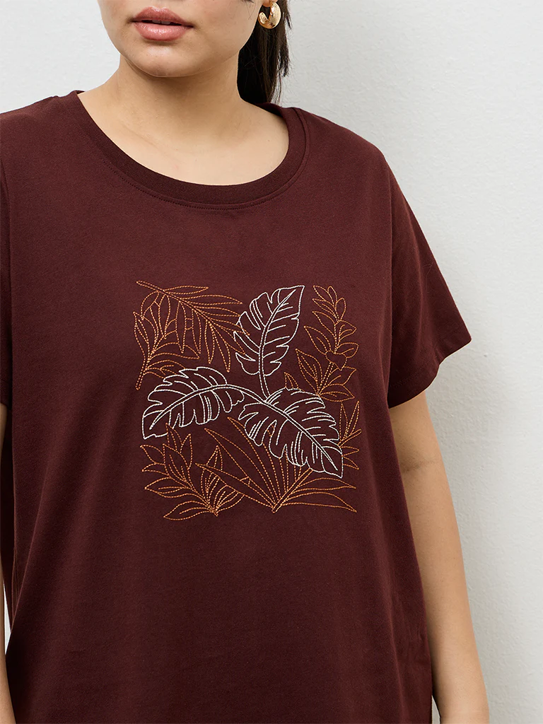 Gia Dark Brown Leaf Design Cotton T-Shirt - Image 3