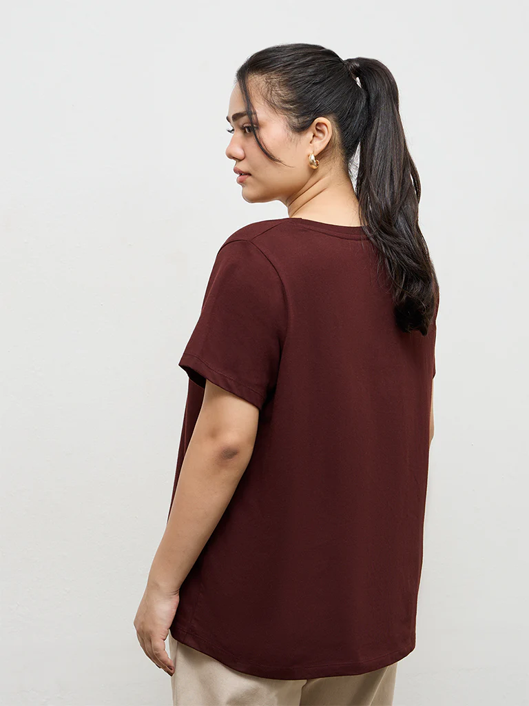 Gia Dark Brown Leaf Design Cotton T-Shirt - Image 4