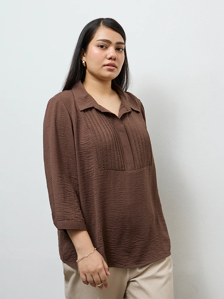 Gia Dark Brown Pintuck-Detail Blouse - Image 2