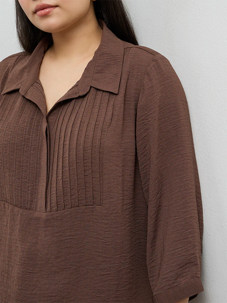 Gia Dark Brown Pintuck-Detail Blouse - Image 3