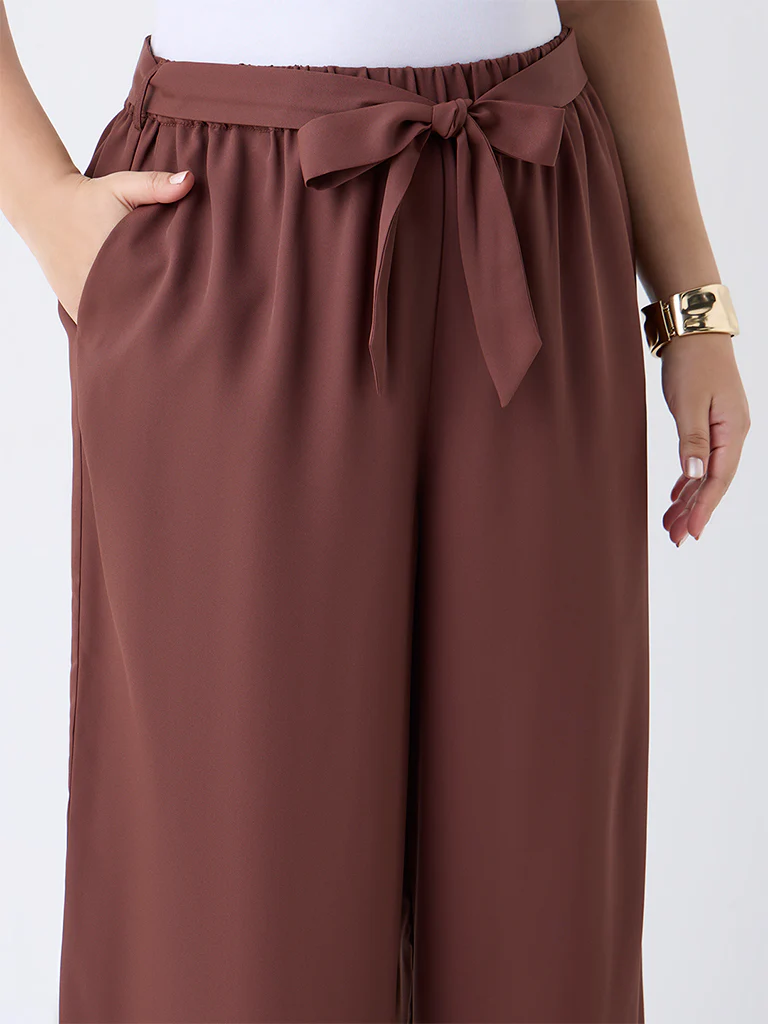 Gia Dark Brown Solid High-Rise Pants with Belt - Image 3