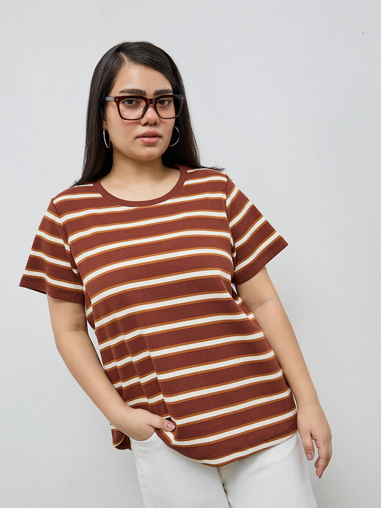 Gia Dark Brown Striped Cotton-Blend T-Shirt - Image 2