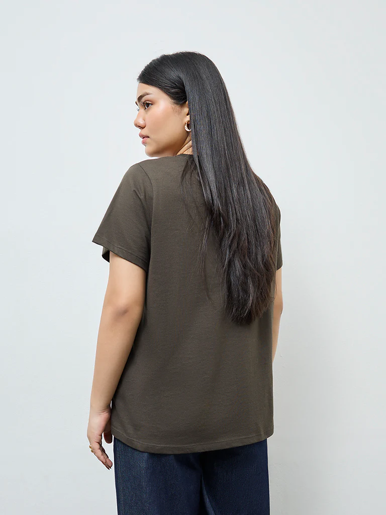 Gia Dark Olive Floral Embroidered Cotton-Blend T-Shirt - Image 4