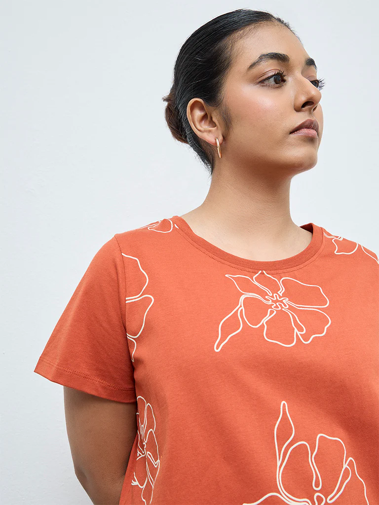 Gia Dark Orange Floral Printed Cotton T-Shirt - Image 3