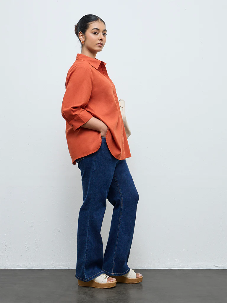 Gia Dark Orange Solid Cotton-Blend Blouse - Image 2