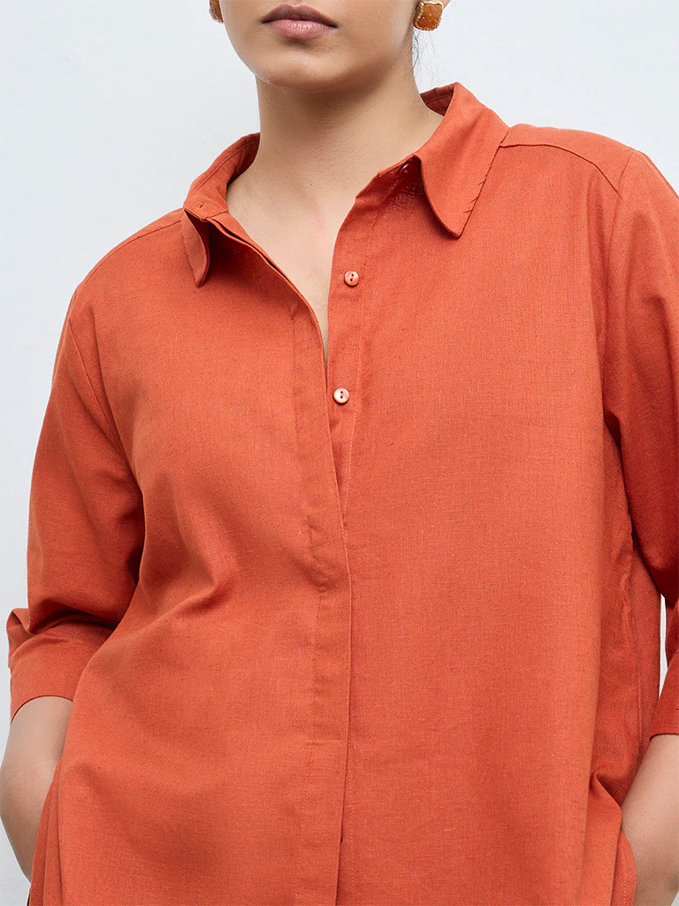Gia Dark Orange Solid Cotton-Blend Blouse - Image 3