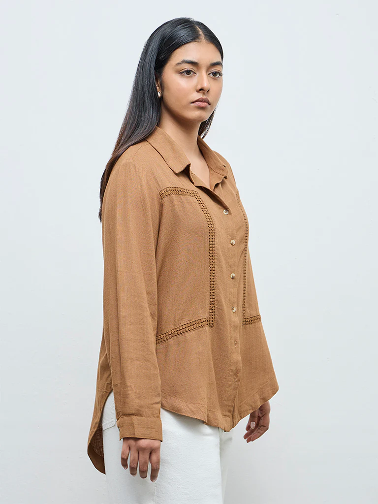 Gia Dark Taupe Embroidered High-Low Blouse - Image 2