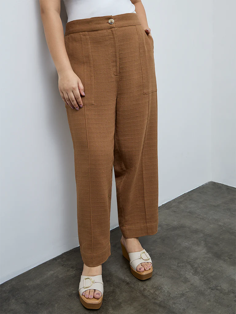 Gia Dark Taupe High-Rise Cotton Trousers - Image 2