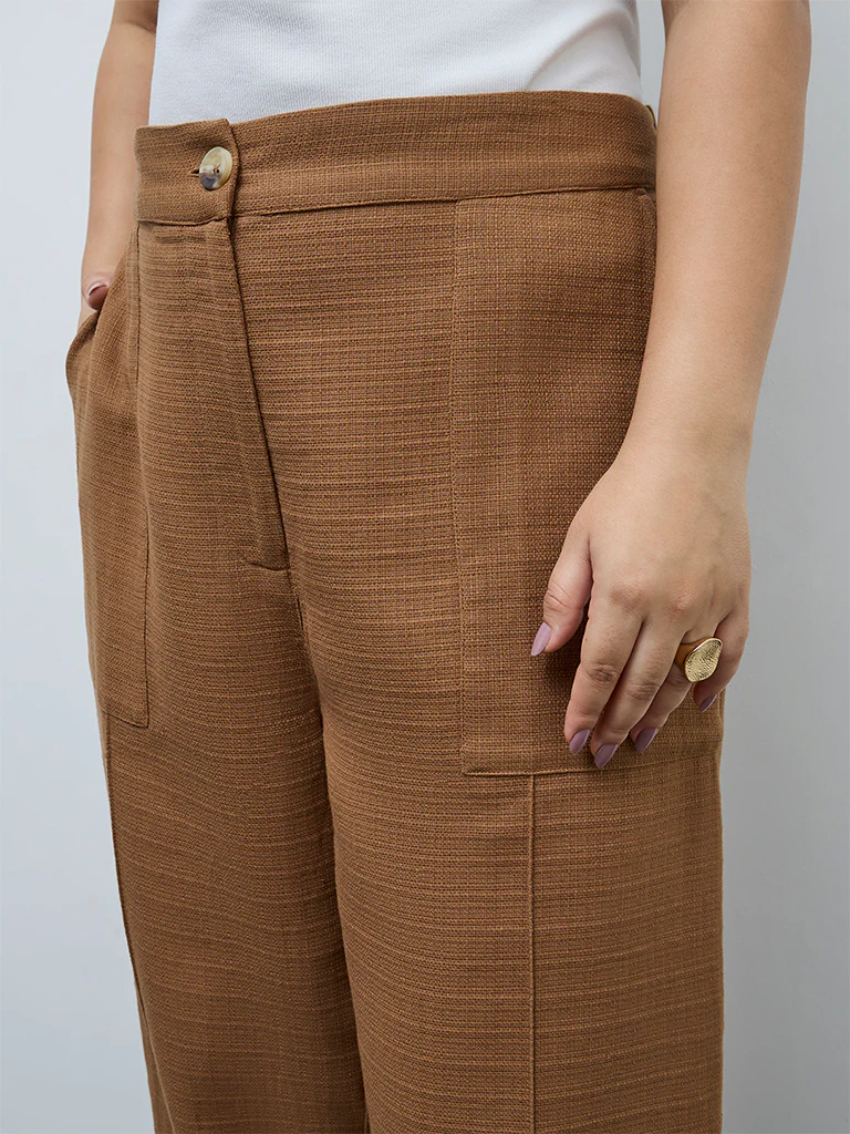 Gia Dark Taupe High-Rise Cotton Trousers - Image 3