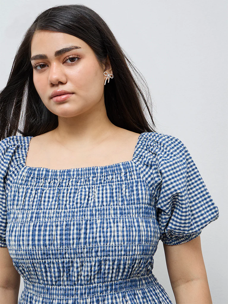 Gia Indigo Checkered Cotton Peplum Top - Image 3