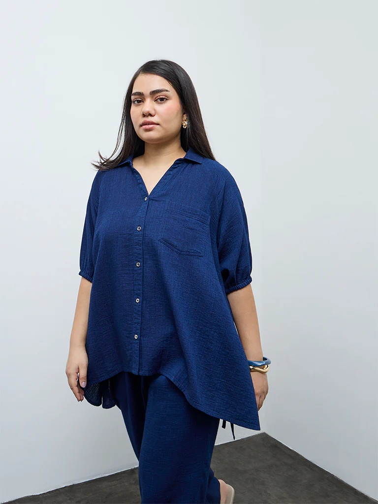 Gia Indigo Cotton Asymmetric Blouse