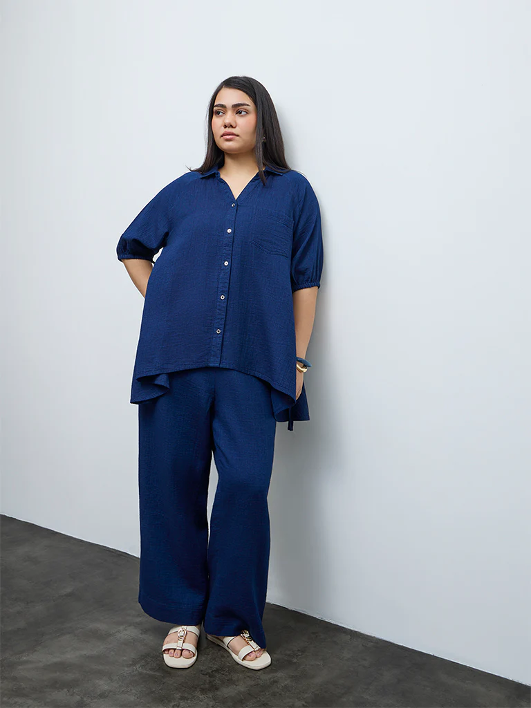 Gia Indigo Cotton Asymmetric Blouse - Image 2