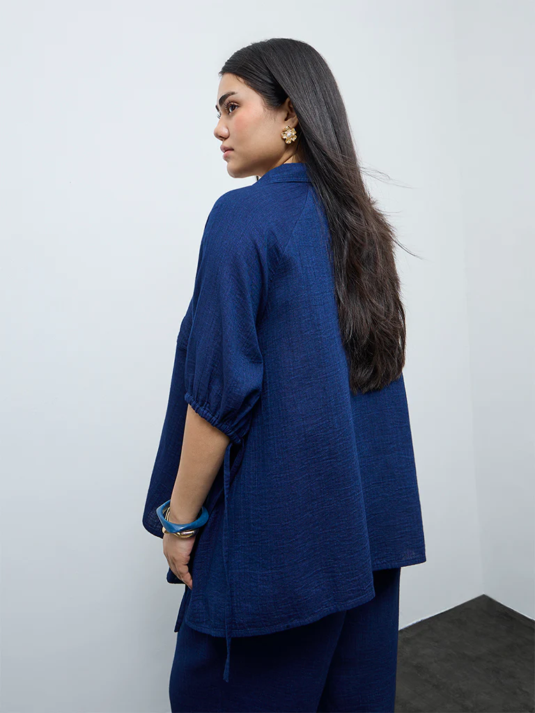 Gia Indigo Cotton Asymmetric Blouse - Image 4