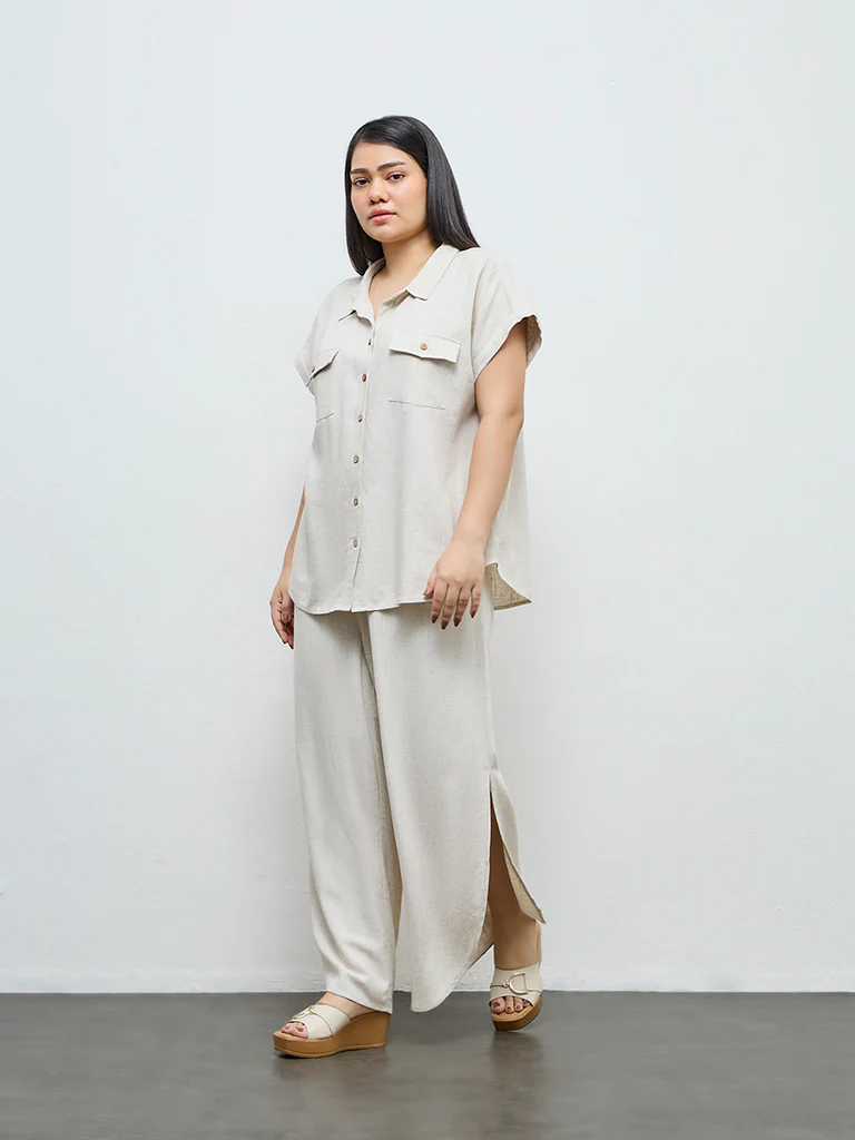 Gia Light Beige High-Rise Cotton Trousers