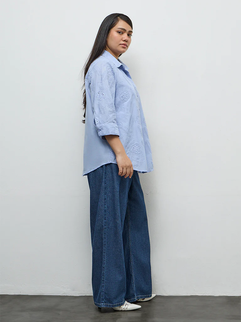 Gia Light Blue Floral Embroidered Cotton Shirt - Image 2
