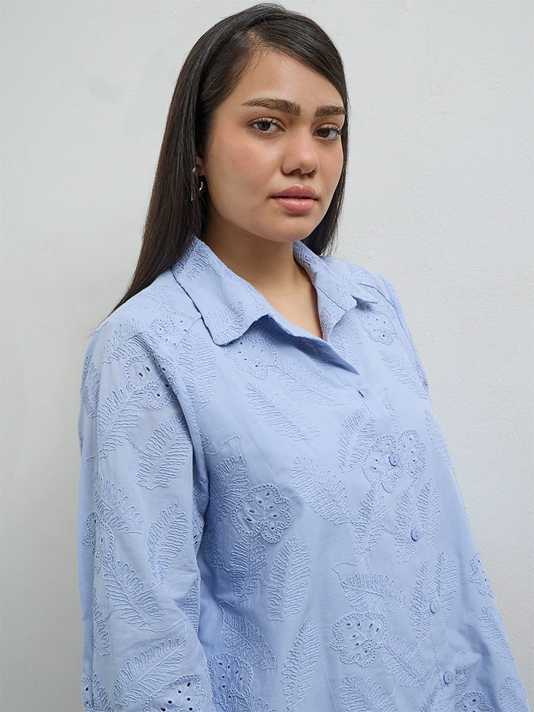 Gia Light Blue Floral Embroidered Cotton Shirt - Image 3