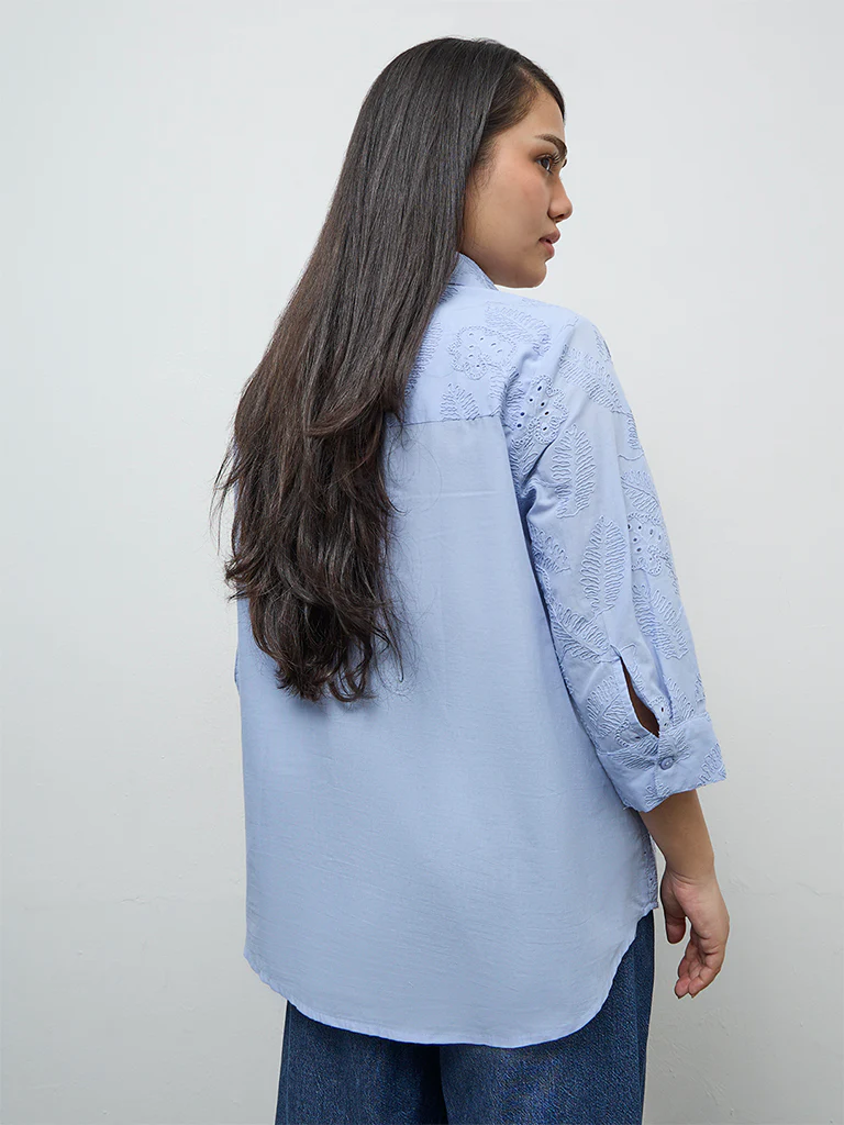 Gia Light Blue Floral Embroidered Cotton Shirt - Image 4