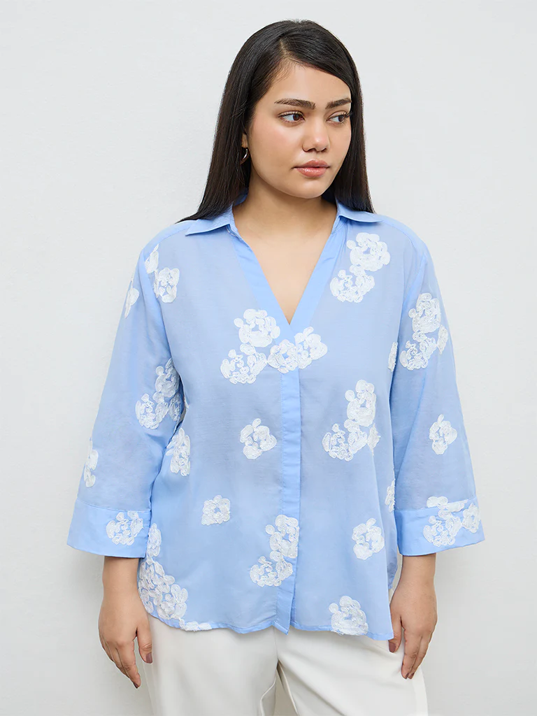 Gia Light Blue Floral Embroidered Shirt