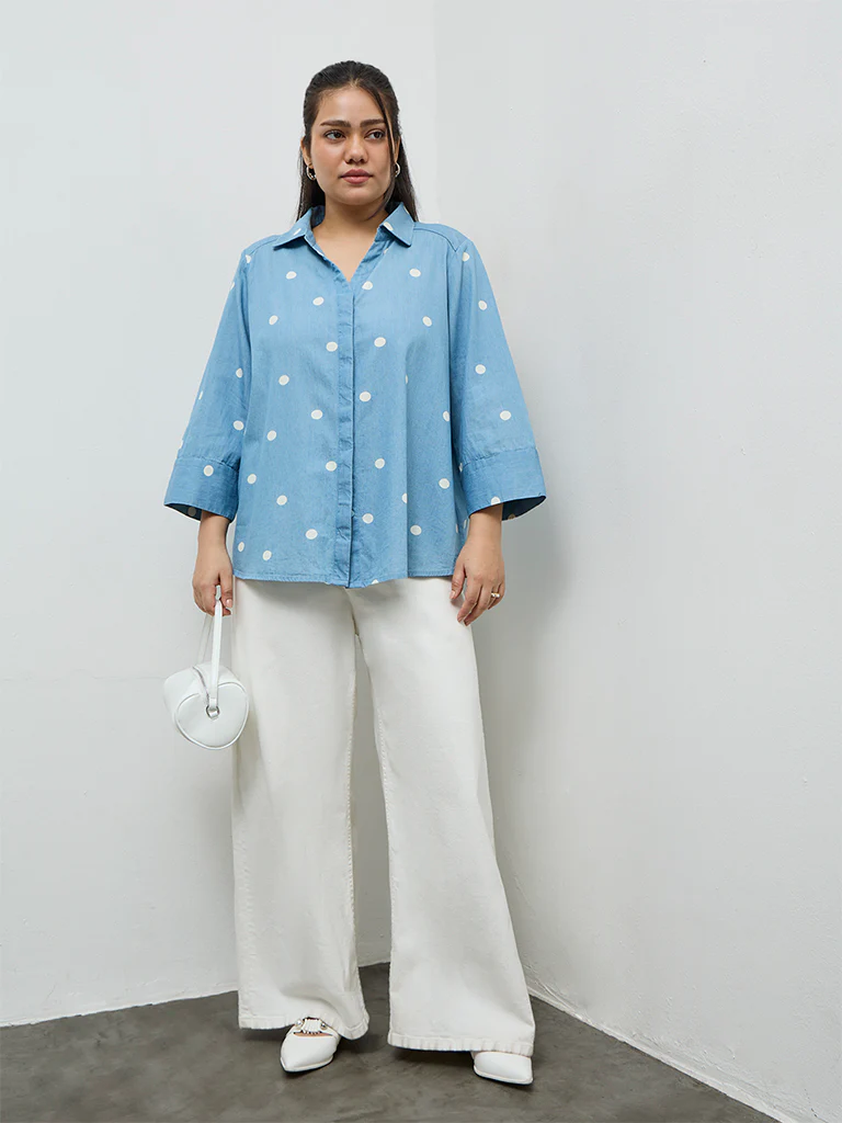 Gia Light Blue Polka-Dot Printed Cotton Shirt - Image 2