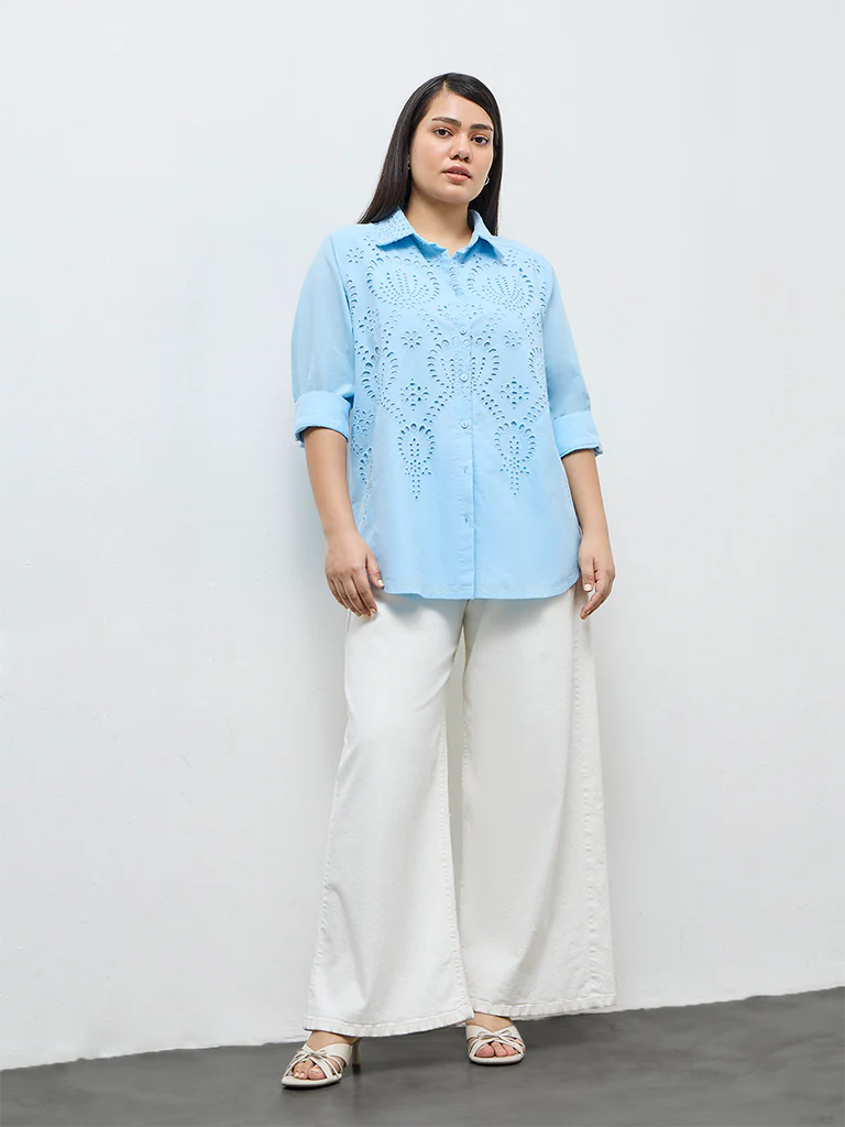 Gia Light Blue Schiffli Embroidered Cotton Shirt