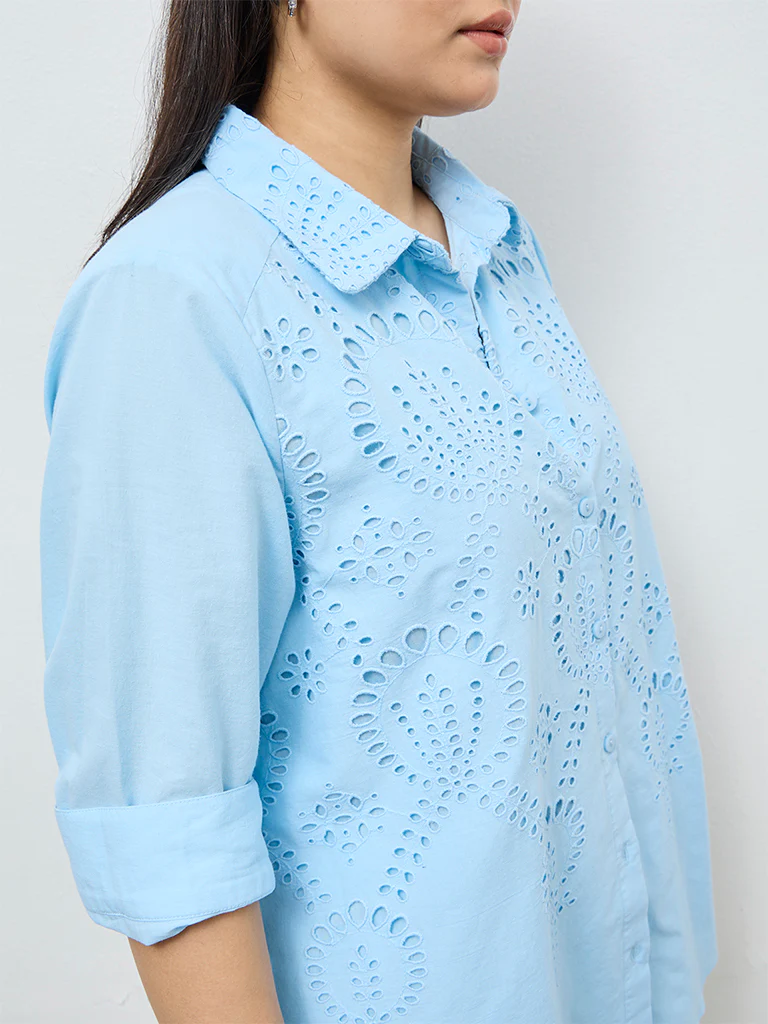 Gia Light Blue Schiffli Embroidered Cotton Shirt - Image 3