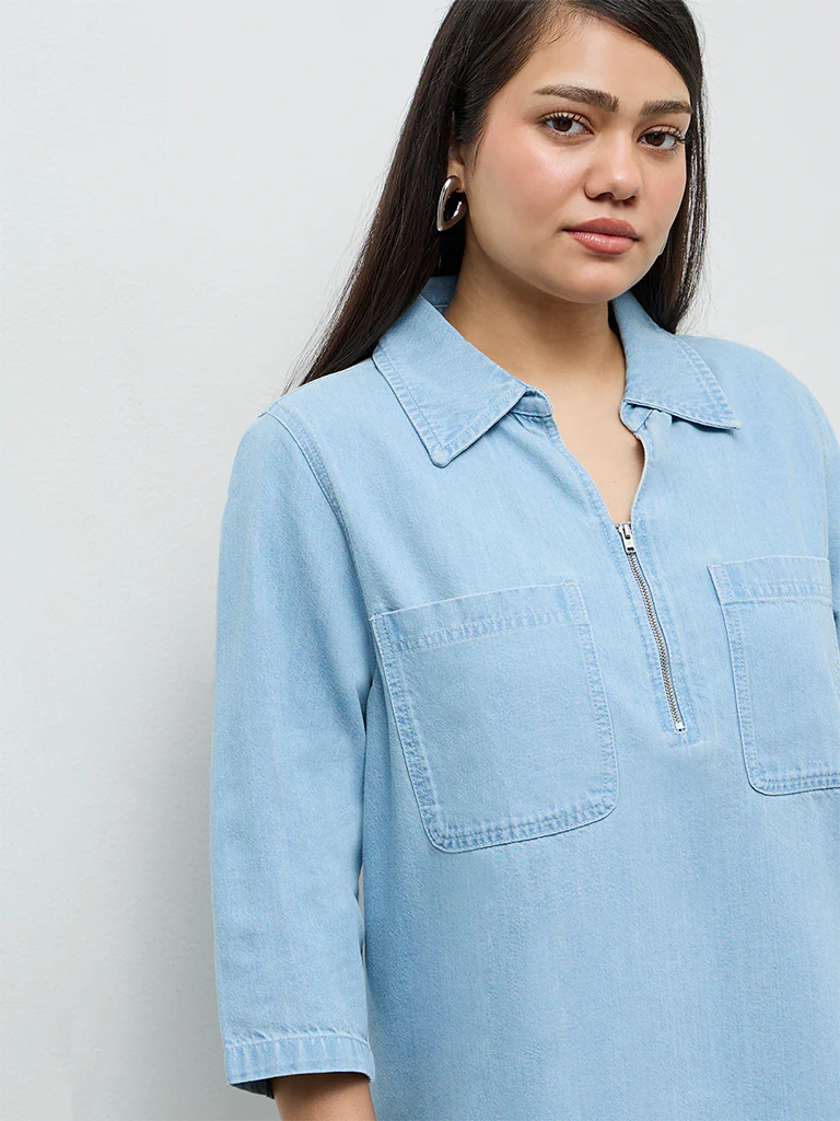 Gia Light Blue Washed Denim Blouse - Image 3