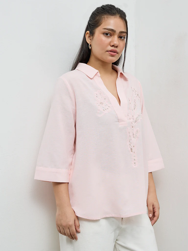 Gia Light Pink Embroidered Blouse - Image 2