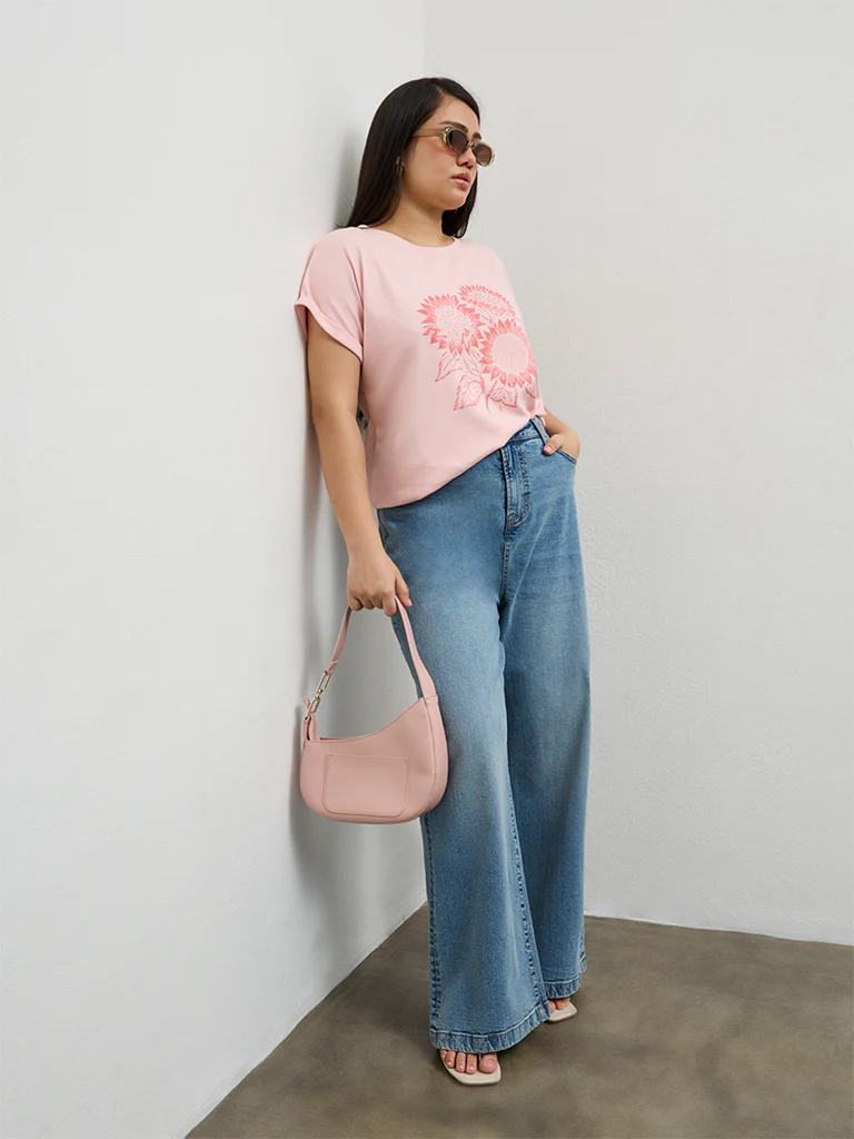 Gia Light Pink Floral Printed Cotton T-Shirt - Image 2