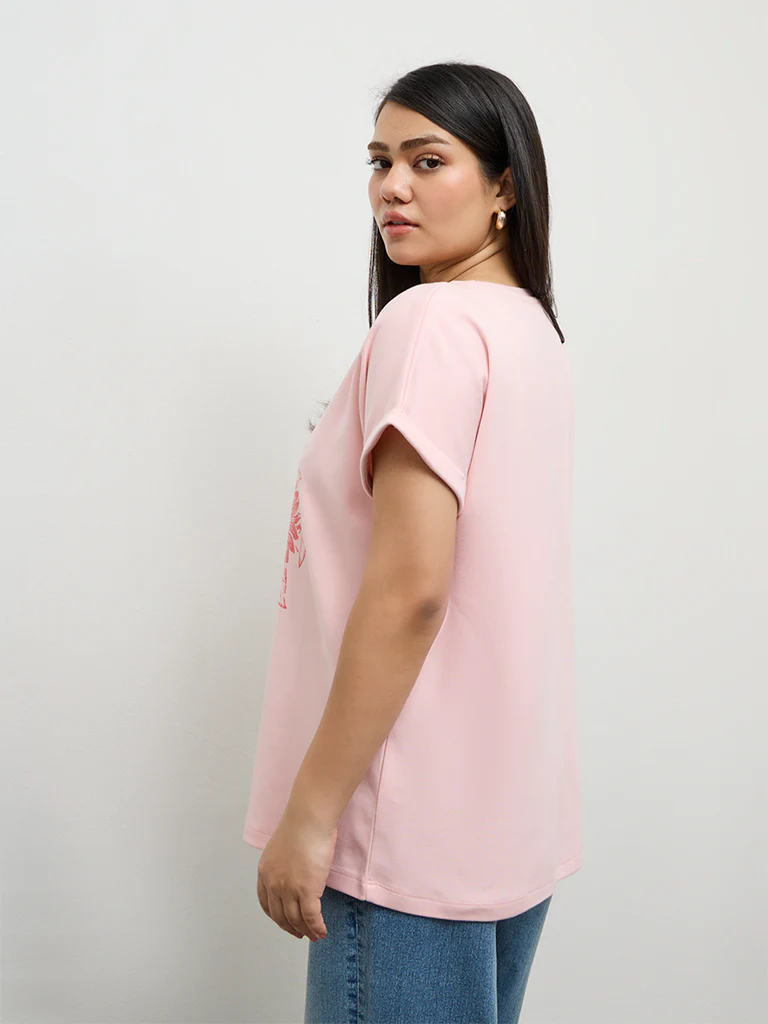 Gia Light Pink Floral Printed Cotton T-Shirt - Image 4