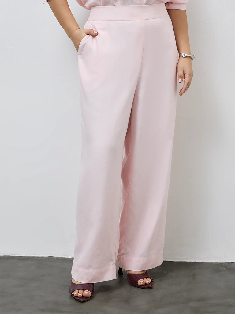 Gia Light Pink Solid High-Rise Cotton-Blend Trousers - Image 2